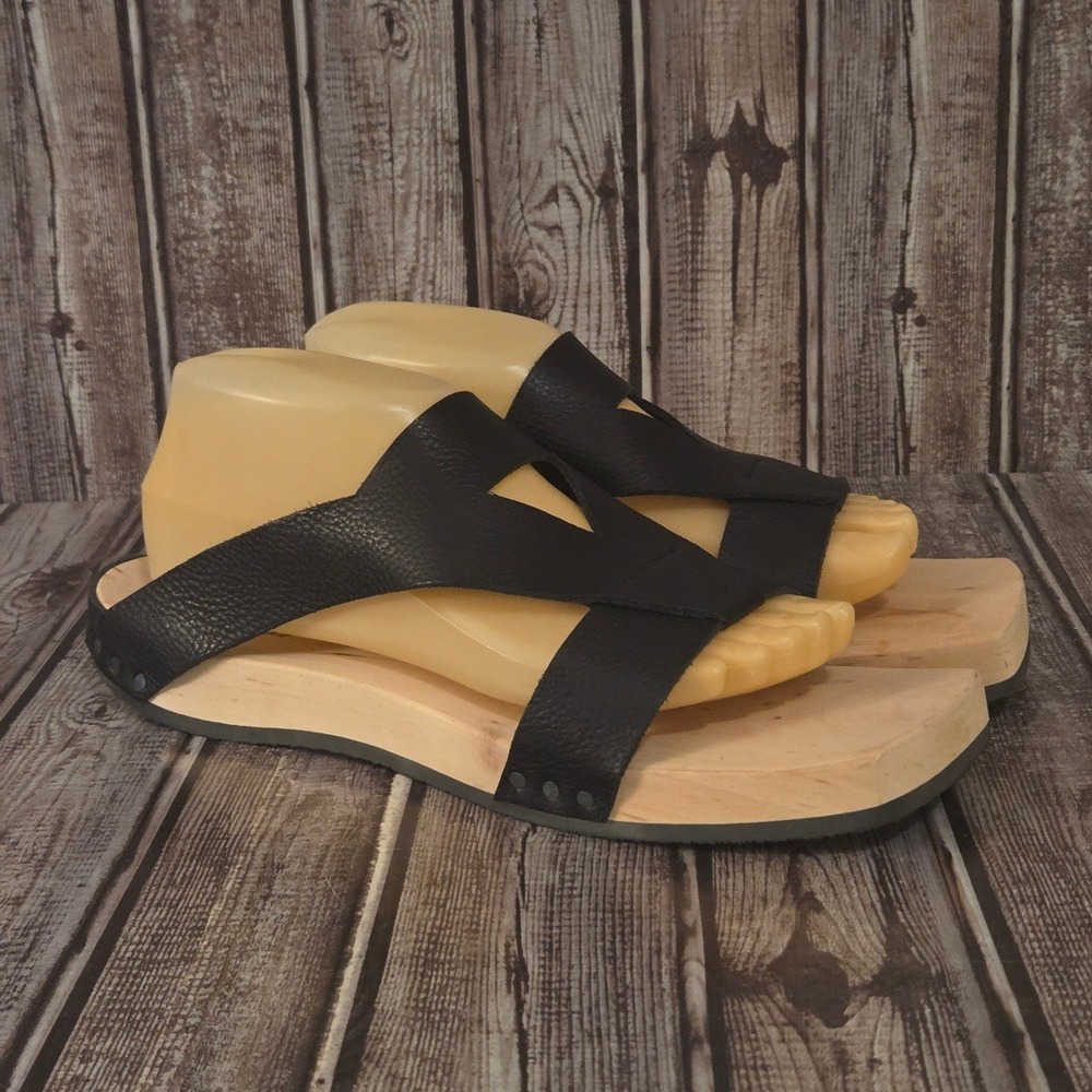 Sz 40 EU/ 9 US Womens Trippen Black Leather Wood Sole Sandals Slides Worn 1X!